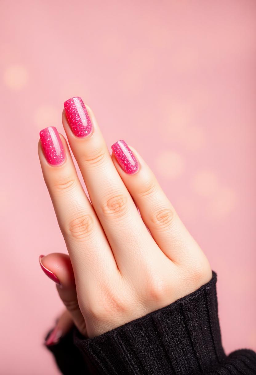 Mains aux ongles roses pailletés Les Gonzesses